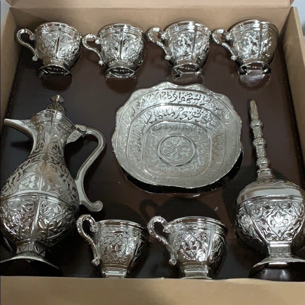 Silver Turkish Tea Cup Set With Rose water pourer